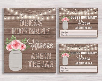 Guess How Many Kisses, Floral Bridal Shower games, Rustic Mason Jar Shower ideas, Bridal Guessing Game, Bachelorette Wedding Shower Activity