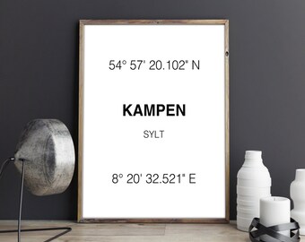 Kampen Print, Kampen Coordinates, Wall Art, Germany, Kampen Sylt, Typographie Wall Decor, Printable Art, Print, Gift, Digital Download