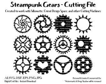 12 Steampunk Gears - SVG - DXF - EPS - Jpg - Transparent Png - Cut File - Cutting File - Clip Art - ClipArt - Scrapbook, Card Embellishment