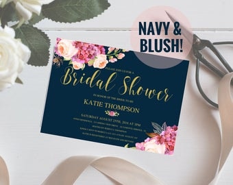 Bridal Shower Invitation, Floral Wedding Shower, Navy And Blush, Wedding Peonies, Boho Bridal Shower Invites, 5x7, PDF, SKU# IDWS502_3513C