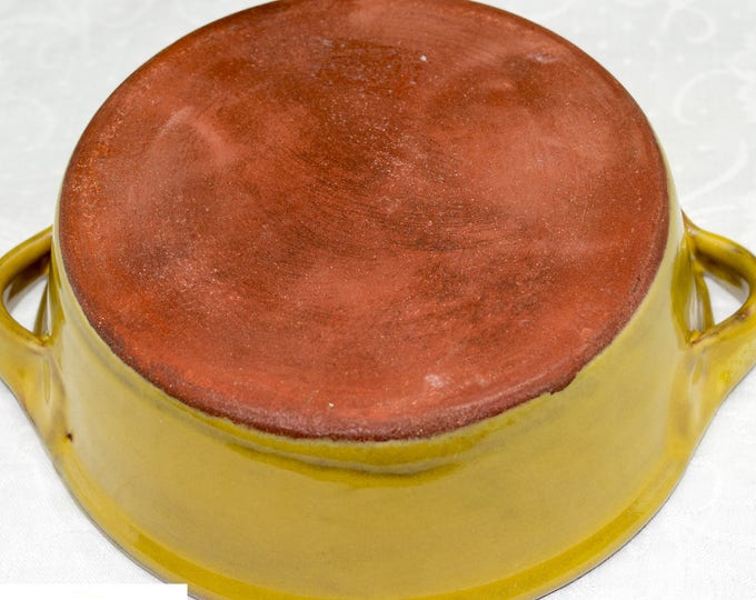 Primitive Redware Hand Painted Folk Art Green Onion Pottery Bowl