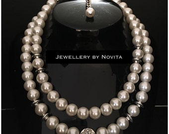 White Swarovski pearl necklace with Balinese silver hardware jewellerybynovita