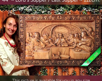 44" Lord's Supper / Last Supper 112cm Wood carving 3D painting icon orthodox art