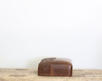 Vintage Hand Carved Wooden Box // Decorative Wood Trinket Box with Brass Brackets