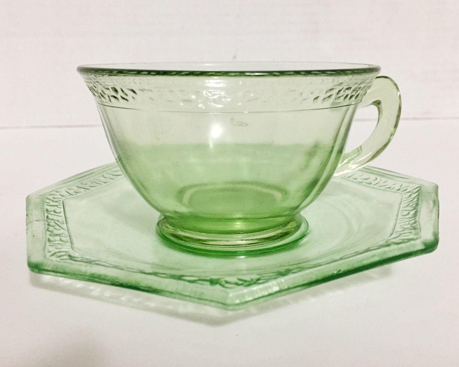 Vintage Green Pebbled Rim Teacup and Saucers by L.E. Smith ...