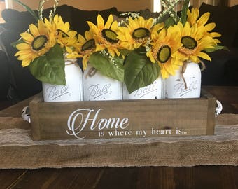 mason jar centerpiece, mason jar decor, mason jar spring centerpiece, sun flower decor, country decor, mason jar rustic centerpiece, jar