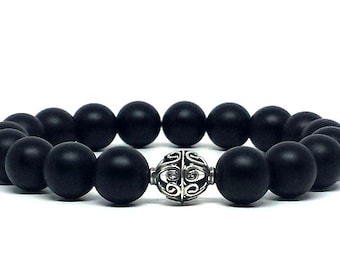 Single wrap Matte Black Onyx w/Bali Silver bracelet, Gemstone bracelet, Gift for him, Gift for her, Birthday gift, Graduation gift