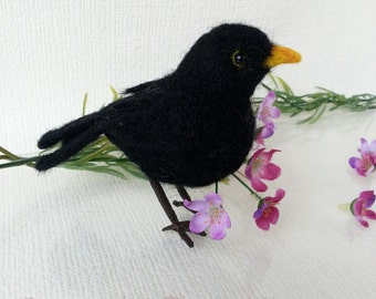 Needle felted Blackbird, a beautiful natural wool sculpture, a blackbird straight from your English Country Garden