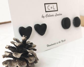 Black Clay Studs - Black Heart Studs