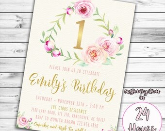 Pink and Gold First Birthday Invitation, Girl First Birthday Invitation, Girl Birthday Invitation, Floral Birthday Invitation, Pink and Gold
