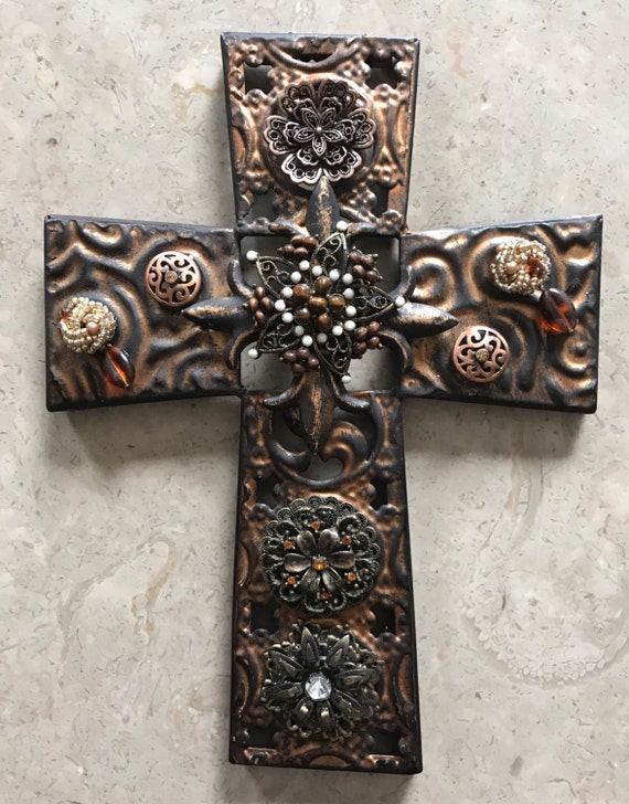 Jeweled Cross Decorated Cross Metal wall hanging