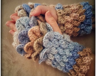PATTERN: Crochet Dragon Scale/Crocodile and Popcorn Stitch Fingerless Gloves - Multi-Colour