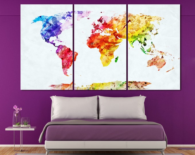 Large Watercolor World Map Canvas Panels Set, Abstract World Map Print, / 1,3,4 or 5 Panels on Canvas Wall Art for Home & Office Decor