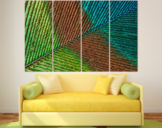 Large macro green brown blue feather photograph wall art print set of 3 or 5 panels on canvas, peacock feather colorful wall decor print art