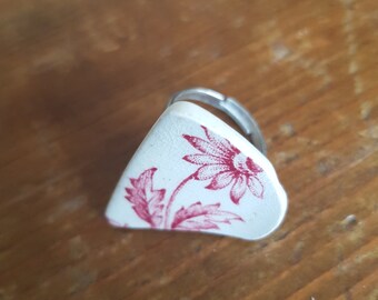 Broken China ring pink flower adjustable ring