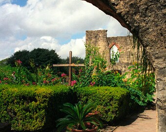 Mission Courtyard; Fine Art Photography, Southwestern Photography, Texas Spanish Mission, Courtyard Garden with Cross