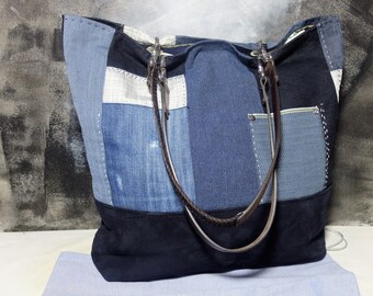 Patchwork tote bag, leather handles, blue marine suede, boho bag, vintage fabrics, Included dust-guard