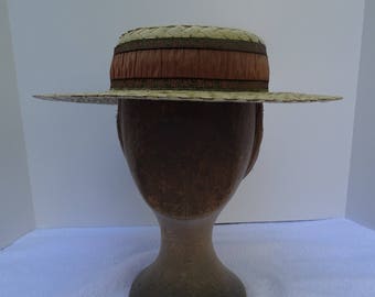 1890's Reproduction Victorian Straw Boater Hat with metallic ribbon trim
