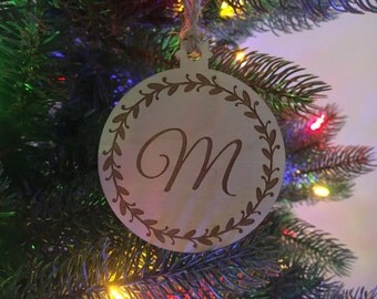 Wood Christmas Ornament With Wreath and Initial Personalized Holiday Ornament Wooden Gift Tag Rustic Christmas Ornament Christmas Tree Decor