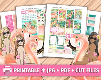 HELLO PARADISE Printable Planner Stickers/Weekly Kit/for use with Erin Condren/Cutfiles Vacation Tropical Summer June Pool Palm Trees