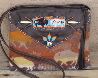 Native American Beaded Shoulder Bag Purse made with Leather and Pendleton® Wool Beaded Bag Southwest Style