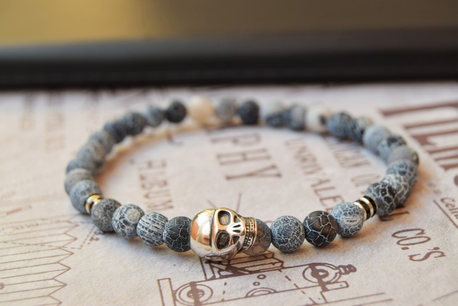 Mens Skull Bracelet Mens Beaded Bracelet Skull Gemstone
