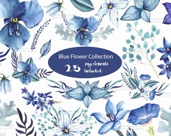 Botanical blue flowers Clipart Wedding flower paint Spring Summer flower paint leaves watercolor clipart anemone clipart orchid clipart