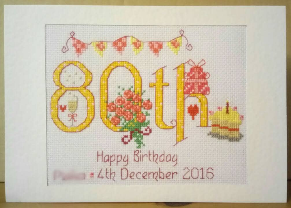 Completed 80th Birthday Cross Stitch Card by OlivesStitchedCards