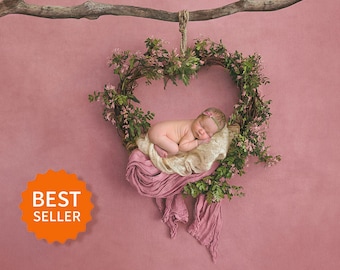 Newborn digital backdrop heart wreath of fresh flowers. Instant download digital background. Hires jpg file