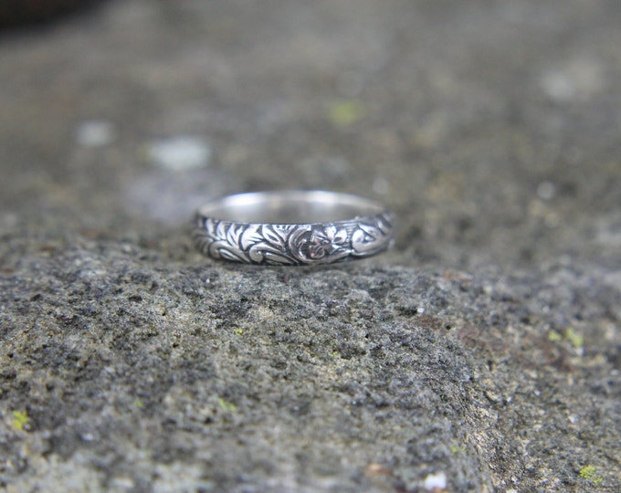 Sterling Silver Floral Vine Promise Ring, Embossed Art Nouveau Pattern Design, Wedding Band for Him or Her, Mens or Ladies Jewelry