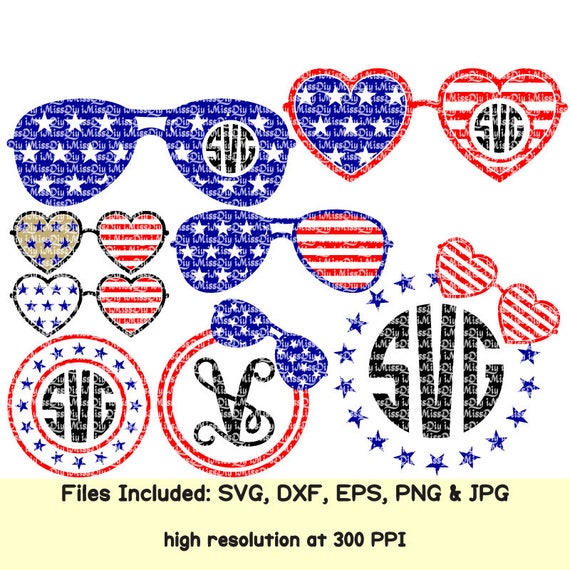 Download Us American flag sunglasses svg monogram frame DXF cut files