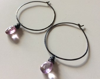 Pink mystic quartz briolette on oxidized sterling silver hoops