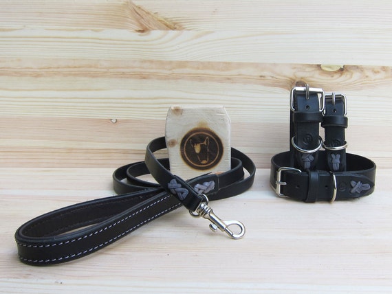 Black Dog Collar and Leash - Premium Italian Leather - Handmade Dog Supplies - Made in Italy - Leather Laces - Colored Dog Collars and Leash