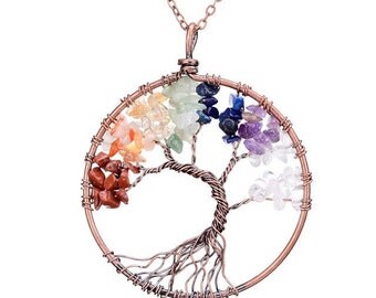Tree-Of-Life Necklace Copper Wire Wrapped Pendant 7 Chakra Wired Copper Jewelry Turqoise Lapis Pink