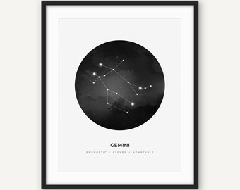 Gemini Astrology Sign Print, Zodiac Constellation Wall Art, Horoscope Poster, Black and White Scandinavian Nordic Decor, Digital Printable