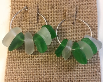 Genuine Green & White Seaglass Sterling Silver Hoop Earrings