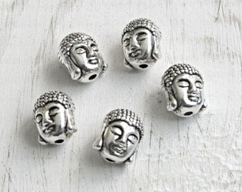 Buddha head beads, set of 5, buddha beads, buddhist beads, silver buddha, Yoga beads, Focal beads, beads for bracelets, mala beads, DIY bead