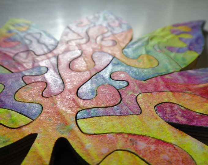 Unique Puzzle: Jah Rastafari Rainbow Cannabis Leaf, Healing Art, Adult Gift, Wooden Handmade, Ready To Hang, Acrylic On Pieces by Samo Svete