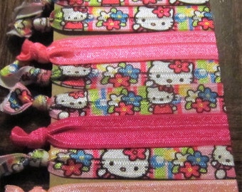 5/8" Hello Kitty Themed Elastic Hair Ties, Set of 8 Hair Ties For Birthday Parties, Party Favors, Goodie Bags, Gifts, Yoga Hair Ties