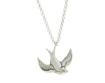Silver Swallow Necklace, 925 Sterling Silver Tattoo Inspired Swallow Pendant, Bird Necklace