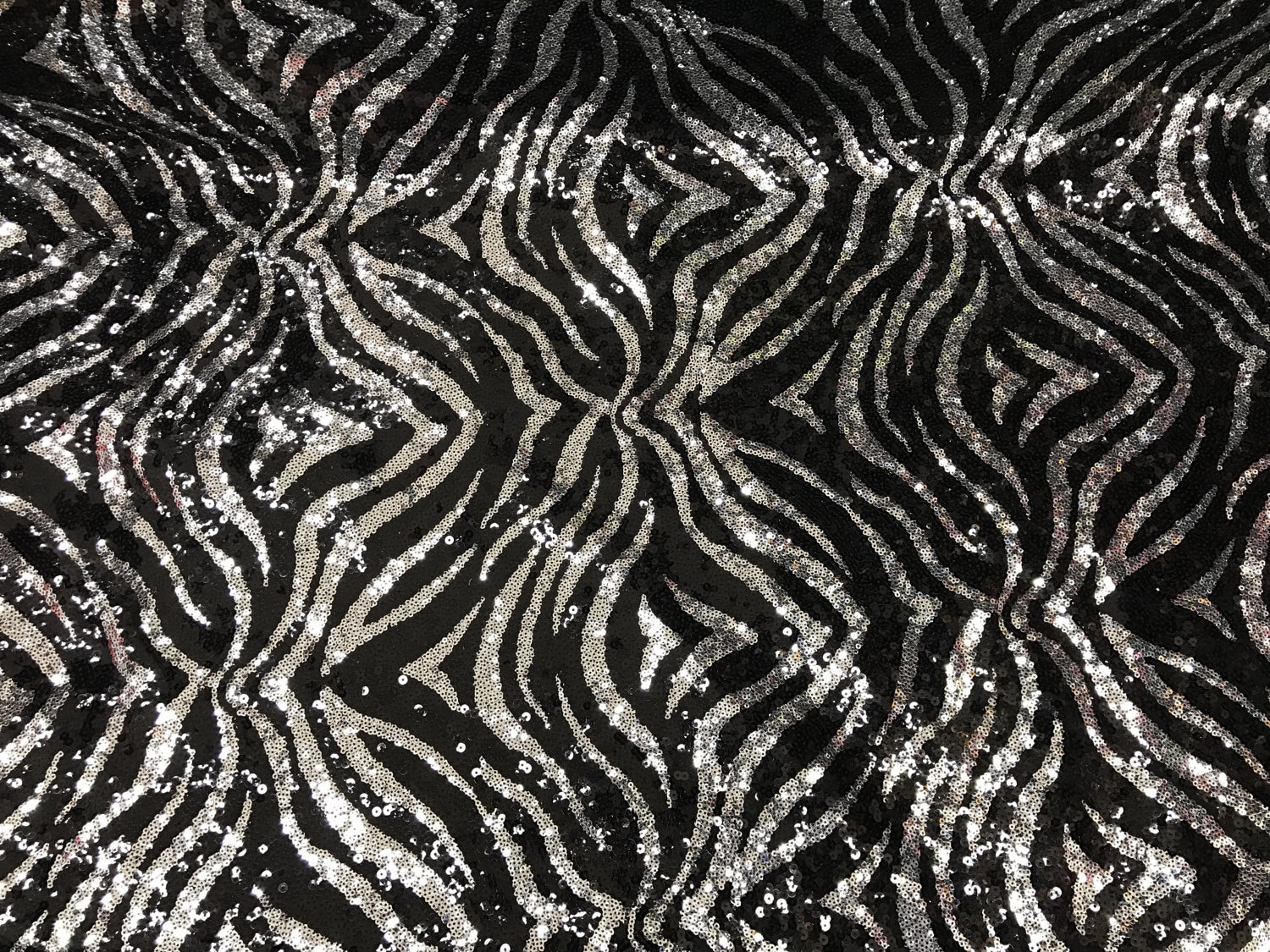 Black & Silver Zebra Sequin Design On Stretch Lycra Fabric By The Yard
