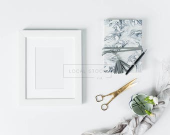 White Frame Mockup w/ Marble Notebook, Marble Linen, Gold Scissors, Flatlay Mockup, Styled Stock Photography, Instagram Styled Photo