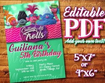 Printable Trolls Invitation for Trolls Birthday / Trolls Party (5" x 7" or 4" x 6") Editable PDF Instant Digital Download Poppy Trolls