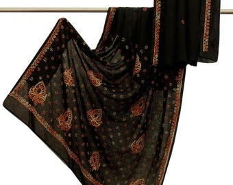 100% Indian Vintage Saree Georgette Embroidered Black Craft Sarong Sari Used Scrap Fabric 5 YD VGR6146