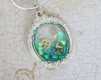 Cute necklace, Resin Jewelry, Steampunk jewelry, blue sky necklace, Keychain Gift for Her, Gift for Kids, cute jewelry Glitter jewelry