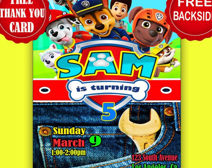 Paw patrol invitation jeans paw patrol invite paw patrol birthday paw patrol invites paw patrol party SALE free thank you card free backside