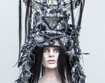 FEMME FATAL ,silver headdress with human hair, headpic dark gothic , show headdress