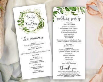 Wedding Program, Greenery Wreath , Printable Template, Garden Foliage (Emily), DIY Program, Instant Download, Editable text
