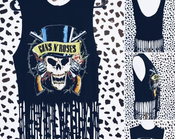 Guns N Roses Tank Top - Distressed Shredded Shirt, Tee, Band Shirt, Repurposed, Vintage Inspired Band Shirt, Fringe, Cropped