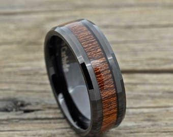 Black Tungsten Koa Wood Ring, Beveled Edge Comfort Fit Design
